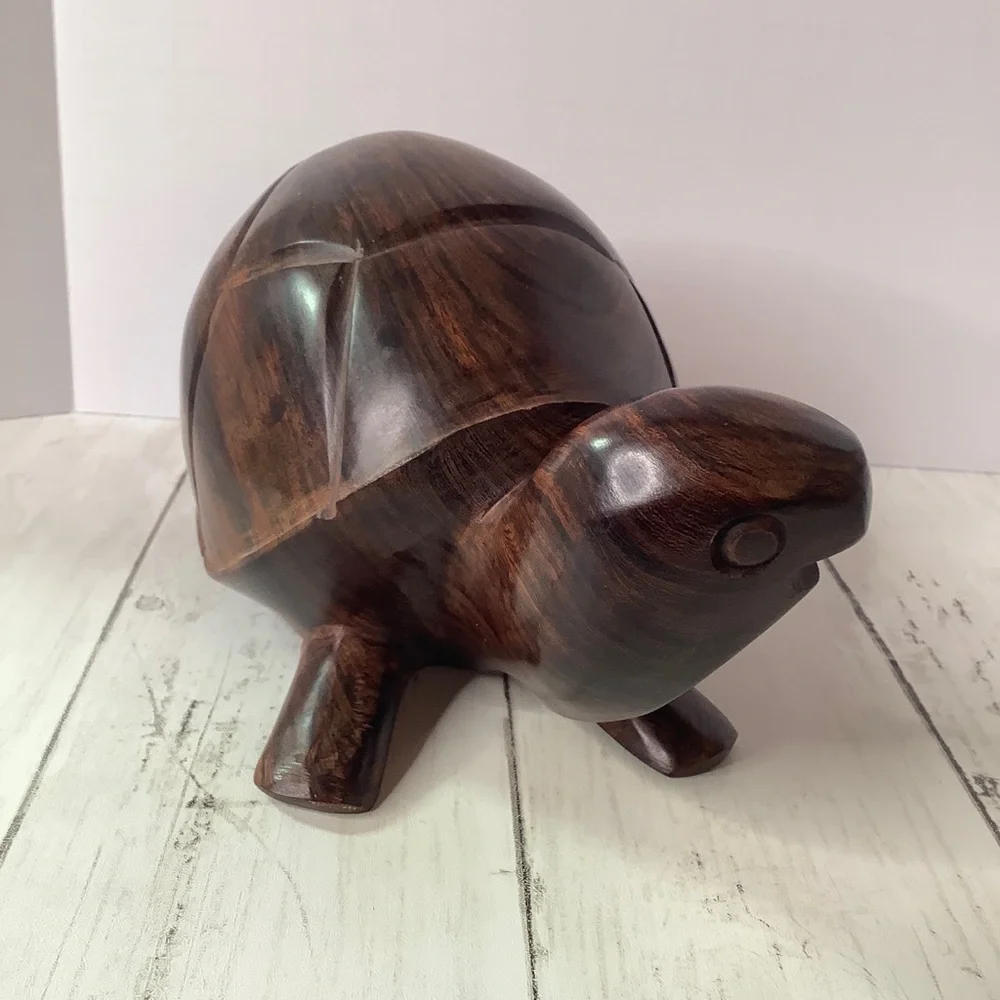 Vintage Handmade Wooden Turtle Statue Carved Wood Folk Art Animal Figurine